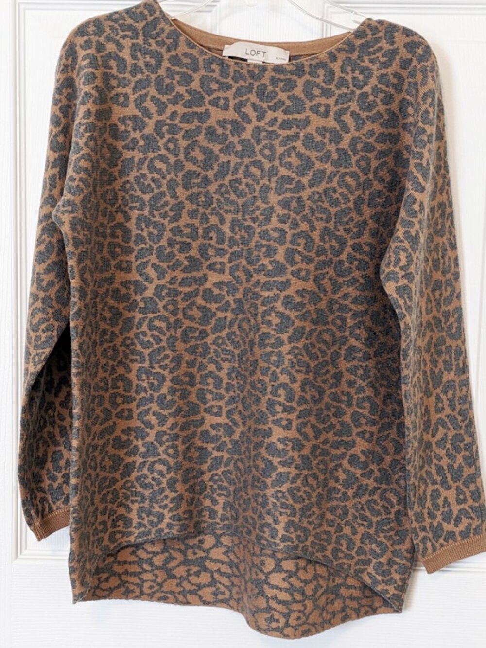 LOFT Gray & Tan Animal Print Petite Pullover Long Sleeve Sweater